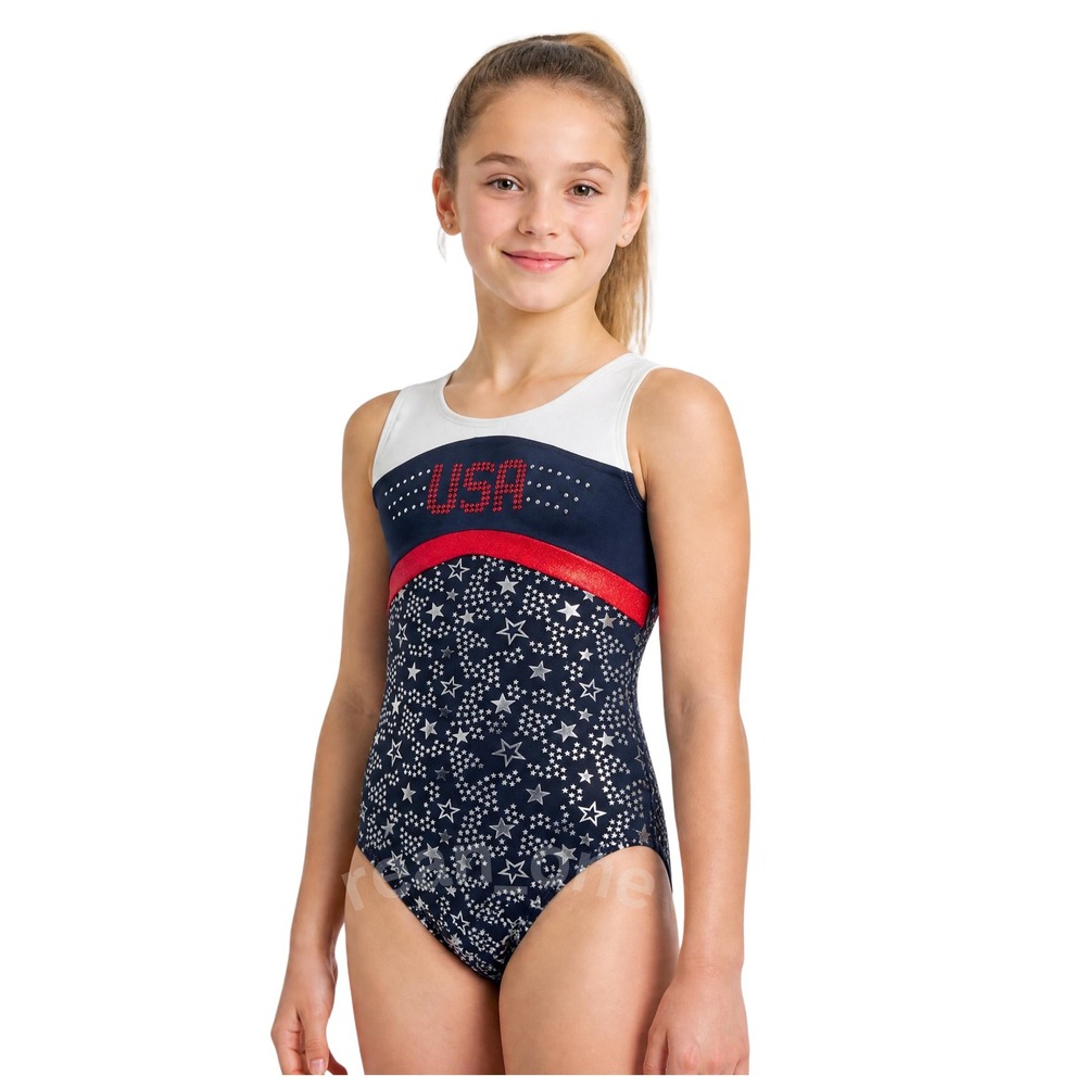 Freestyle by Danskin Girls USA Gymnastics Stars Rhinestones Blue Leotard 10/12 L